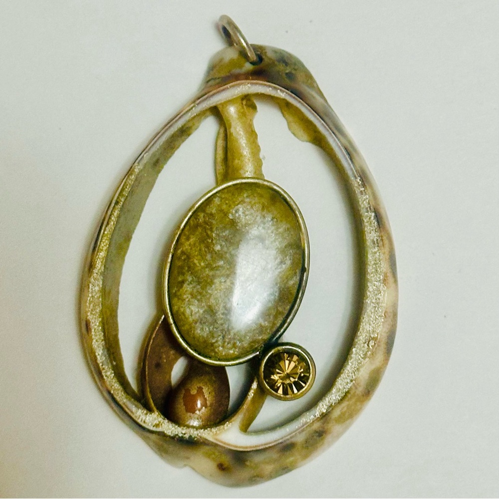 Unique Seashell With Gemstones Brown And Silver Pendant